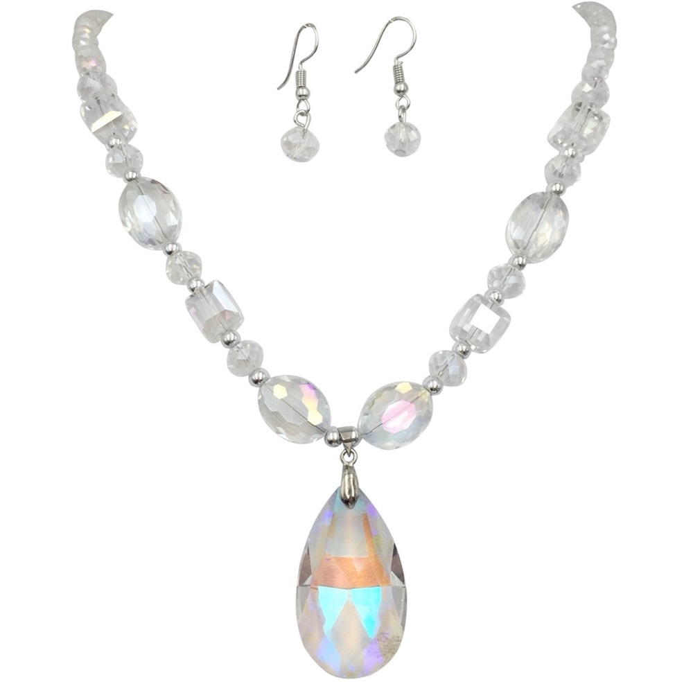 Clear AB Glass Teardrop Beaded Necklace Earrings Set